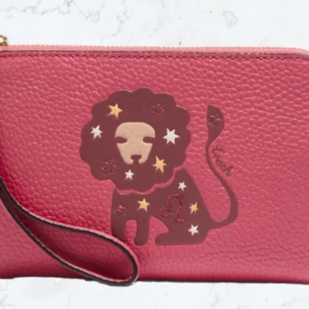NWT Coach Corner Zip Zodiac Wristlet In Canvas Leather With Leo CF528